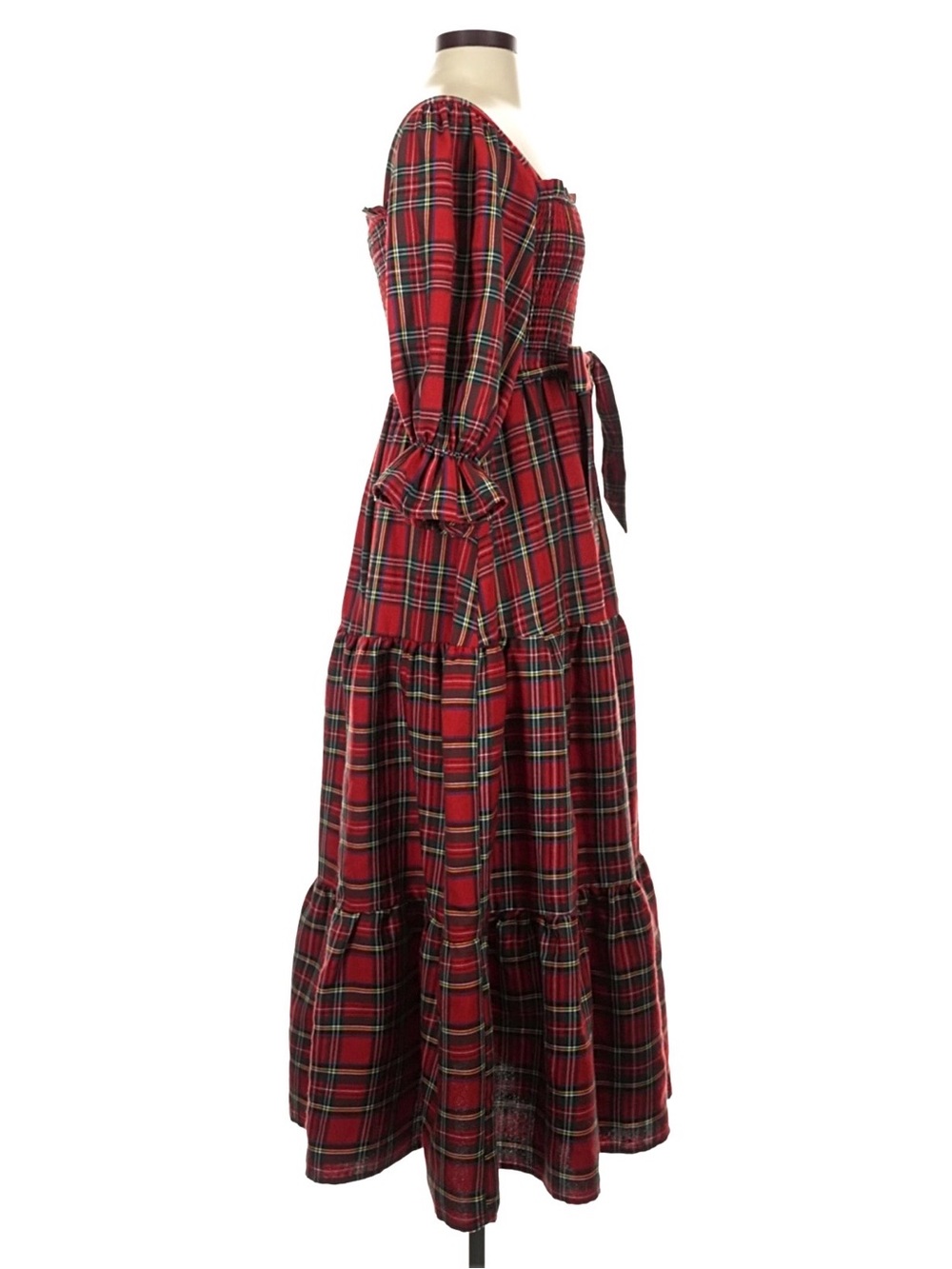 Aura | Red Plaid Puff Sleeve Christmas Holiday Maxi Dress with Tie Waist - Picture 4 of 7